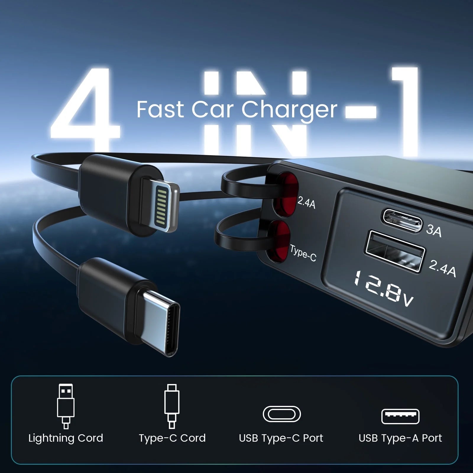 Retractable Car Charger Adapter, 150W Fast Charger for Car, 4 in 1 Car Phone Charger with Cables(2.6Ft), 180° Adjustable,Voltage Display-Green